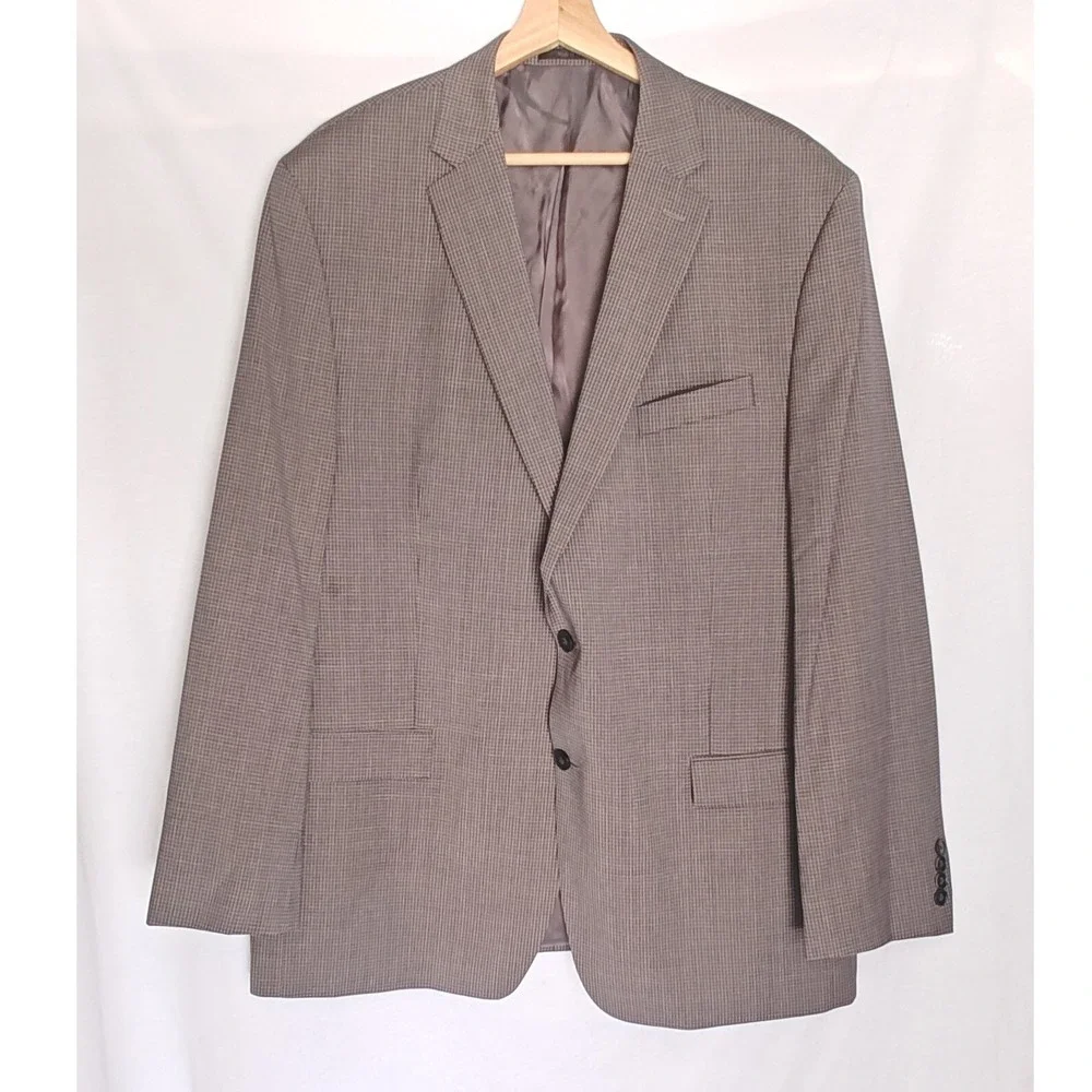 Calvin Klein Wool Blazer 46L‎ Gray Plaid Houndstooth Two Button Sport Coat
